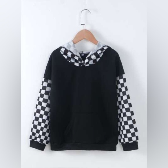 Shein- Girls Black and White Checkered Hoodie - Picture 1 of 3